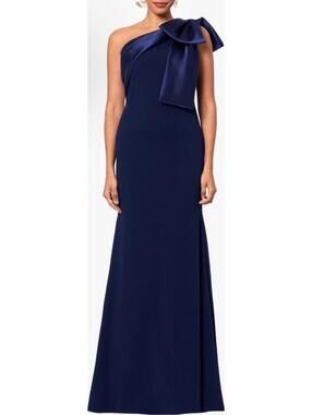 New Betsy & Adam Bow One-Shoulder Crepe Mermaid Gown In Navy Sz 12 $269
